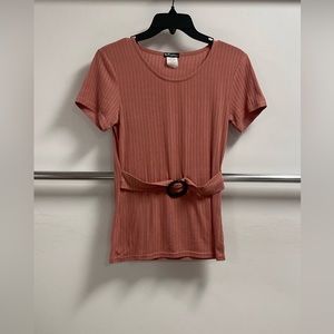 Short Sleeve Rib Belted Top